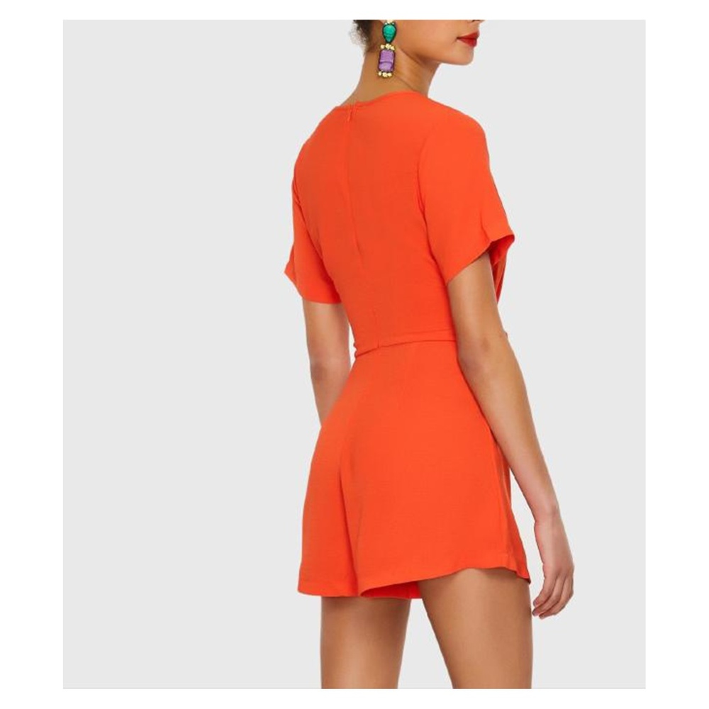 Bright Orange V Neck Short Sleeve Knot Romper - Picture 2 of 4